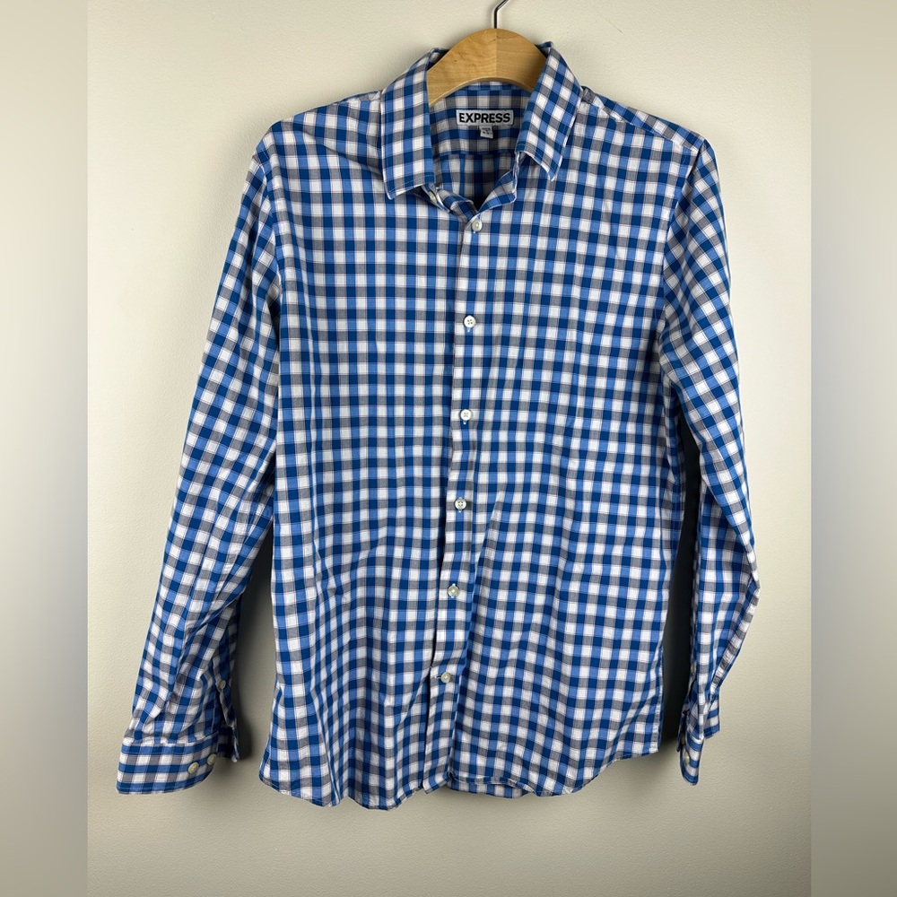 Express Men's Blue and White Plaid Shirt